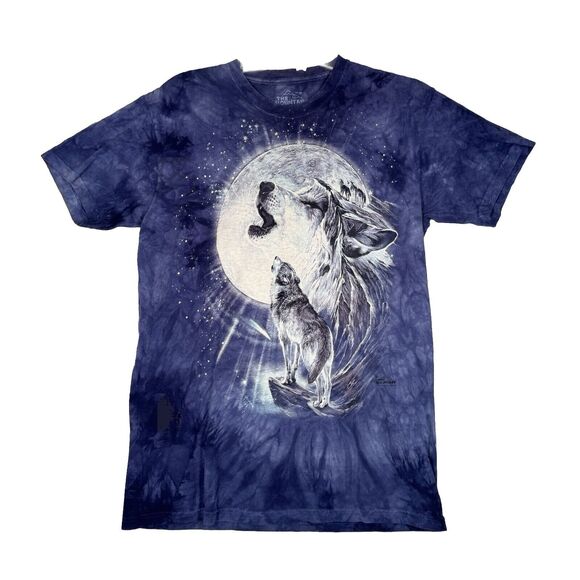 The Mountain Shirt‎ Mens Medium Blue Tie Dye Wolf Wolves Moon Novelty Casual - Picture 1 of 7